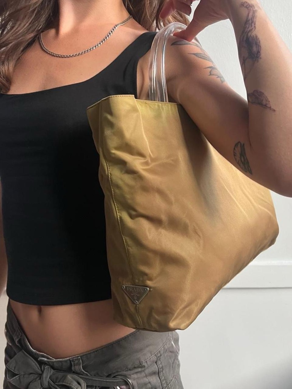 Prada Gold Nylon Shoulder Bag with Clear Acrylic Handles